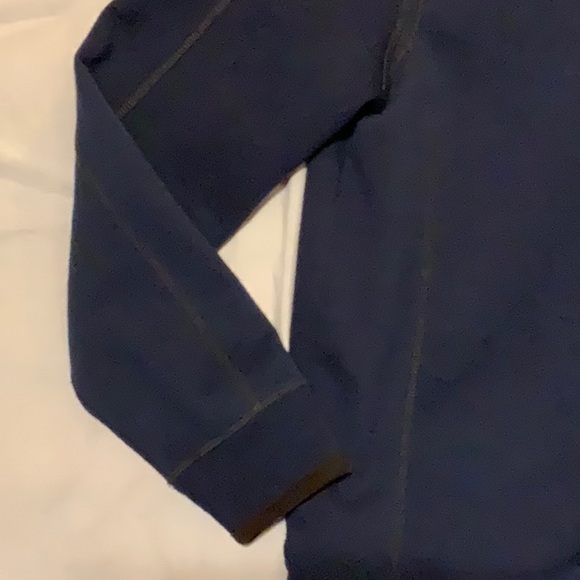 Men’s Navy Button Plaque Henley with Topstitching and  Brown Corduroy Trim - Picture 7 of 10